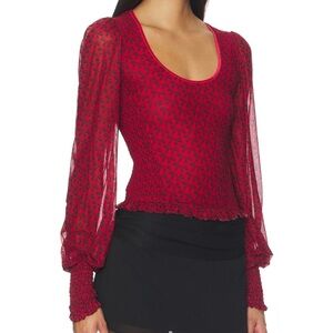 Free People Dottie Bow Knit Mesh Red and Black Patterned Blouse w/ Velvet Trim